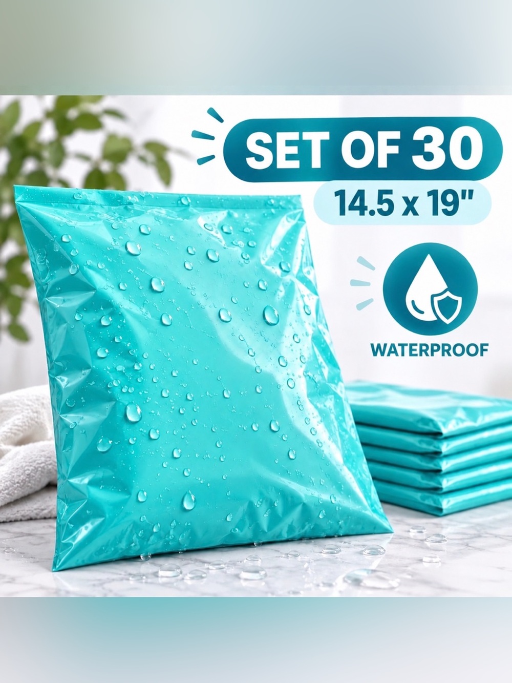 14.5x19 Turquoise 30 Waterproof poly mailers + 15 custom labels